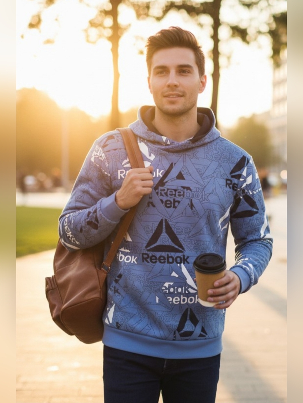 Reebok Size XL Blue Unwind Pullover Hoodie All-Over Logo Pattern W/Hand Pockets